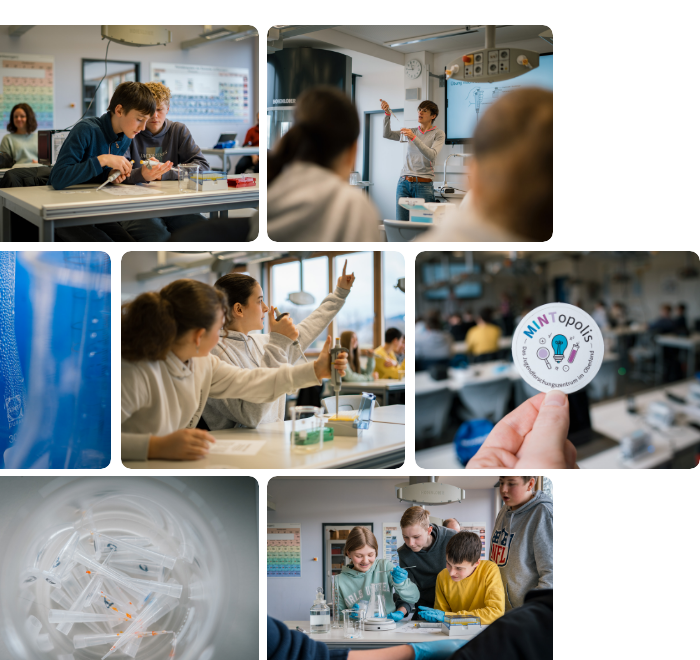 Bildcollage mit Fotos von Jugendlichen die im Labor des MINTopolis Das Jugend­forschungs­zentrum im Oberland forschen